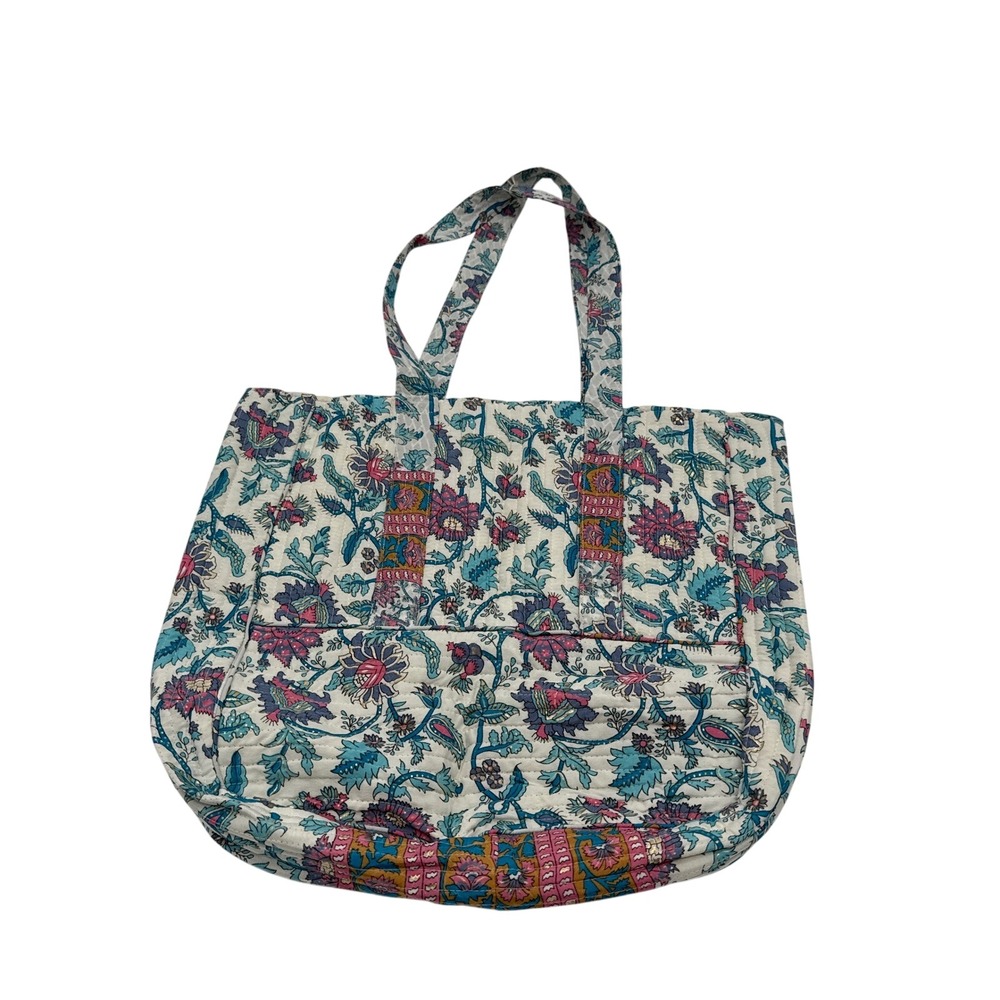 Quilted Silk Blend Floral Block Print Tote Bag Blue Pink Gold India Made